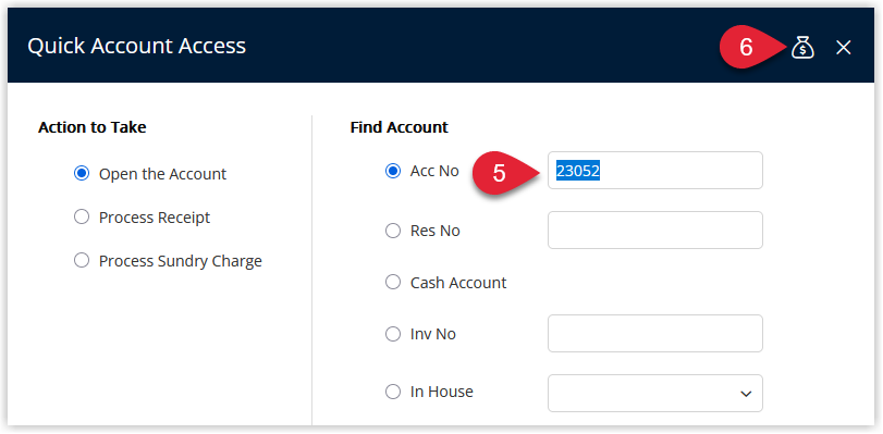 Annotated screenshot of the Quick Account Access dialog in RMS showing the Acc No field populated with the destination account number