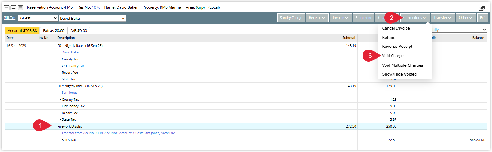 Annotated screenshot of the Reservation Account screen in RMS showing a transferred charge selected with the Corrections menu expanded and the Void Charge option highlighted
