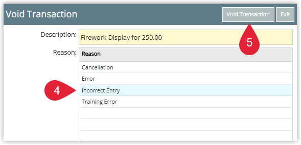Annotated screenshot of the Void Transaction dialog in RMS showing the reason list