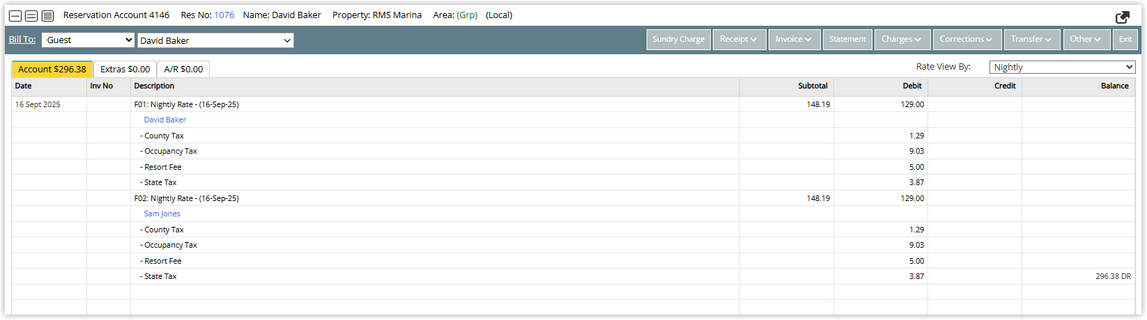 Screenshot of the Reservation Account screen in RMS showing the updated charges and balance after the transferred charge has been voided
