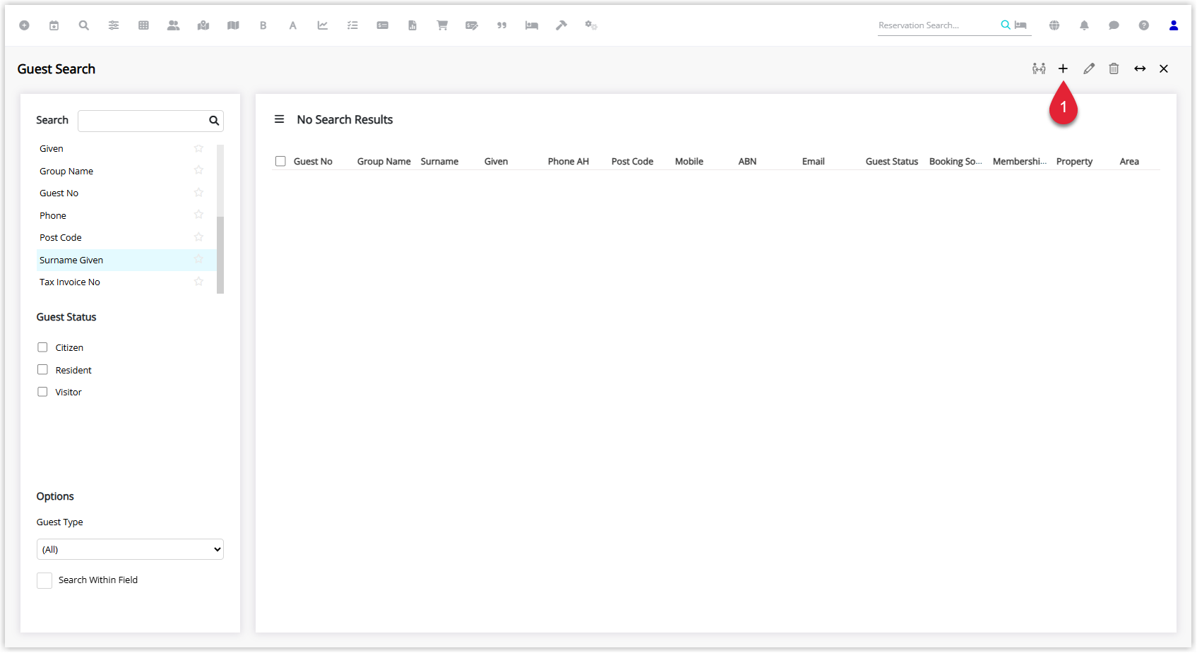 Screenshot of the Guest Search screen in RMS showing a list of guest records and the Add icon/button highlighted to create a new guest profile for a tour operator.