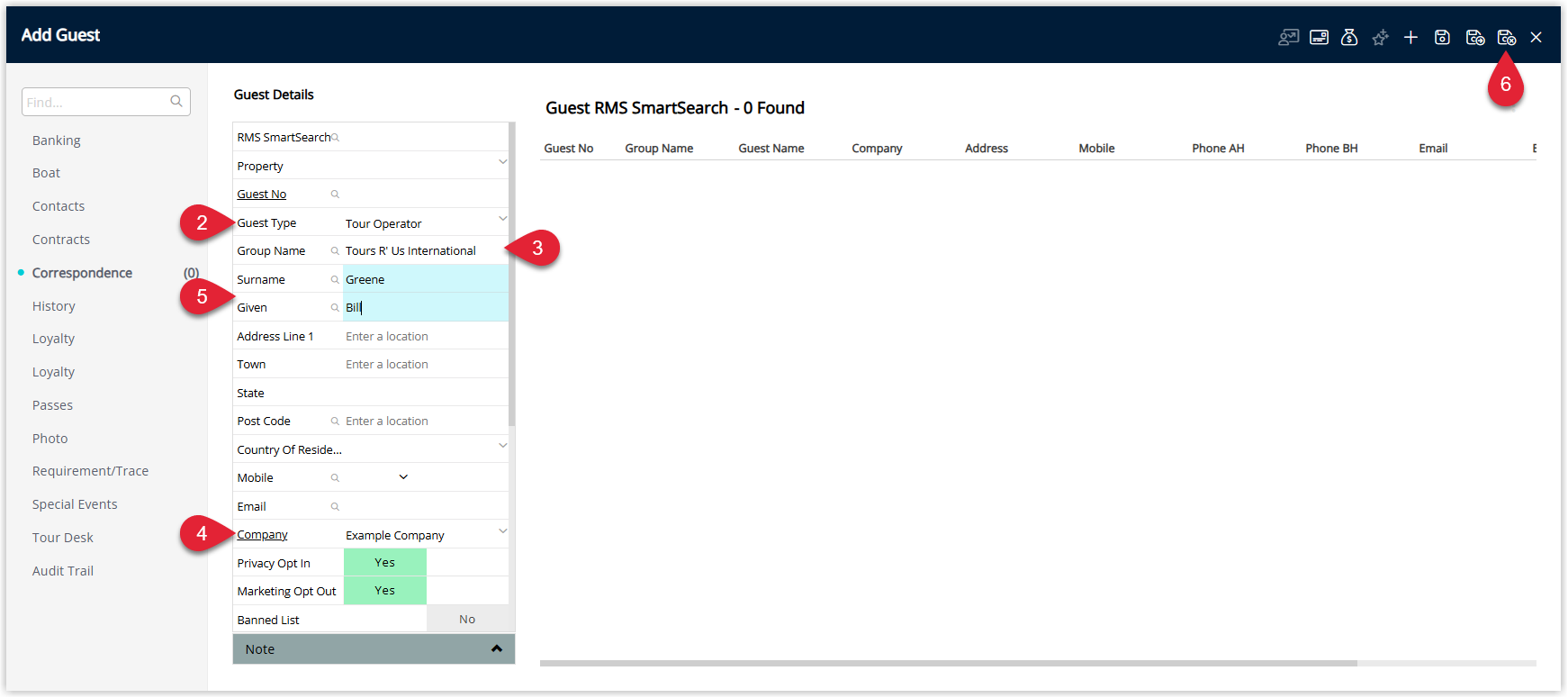 Screenshot of the new guest profile screen in RMS with Guest Type set to Tour Operator, the Group Name field populated with the tour operator name, an associated Company selected and contact details entered, and the Save/Exit button highlighted to create the tour operator.