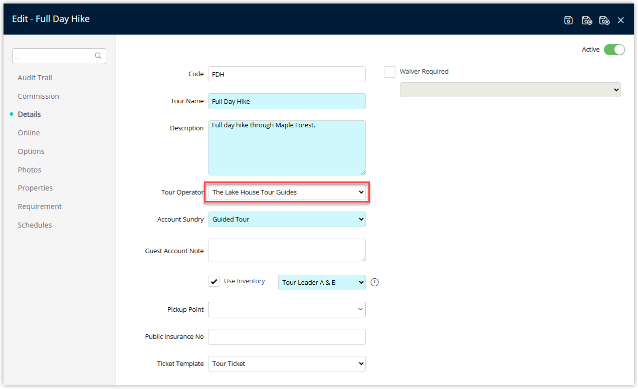 Screenshot of the Tour setup or Tour details screen in RMS showing a Tour Operator dropdown or selection field with the previously created tour operator available and selected as the provider for the tour.