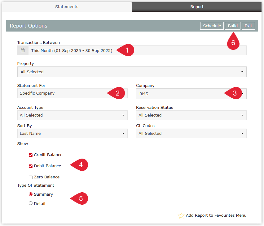 RMS Statements report criteria screen showing the Transactions Between date range fields populated, “Specific Company” selected under the Statement For menu with a company chosen, options set for which balances to display and the type of statement (detailed or summary), and the Build button highlighted to generate the company statement with balance brought forward and remittance slip.