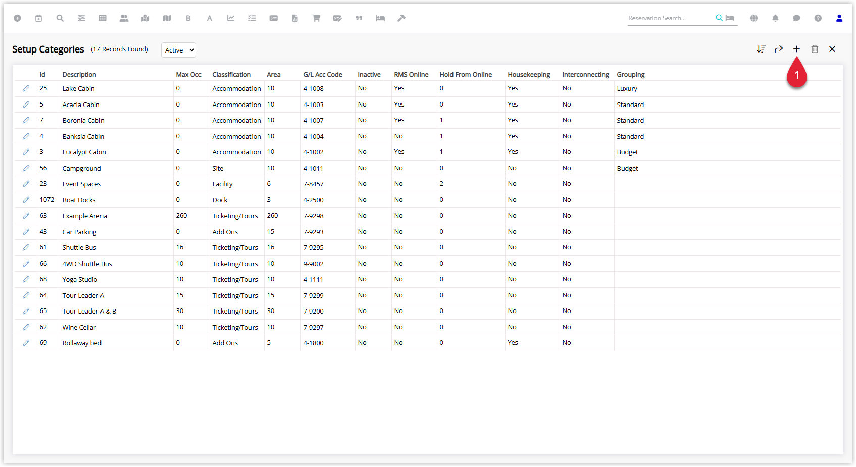 RMS Category/Area setup screen listing existing categories with the Add button selected to create a new Facility Category.