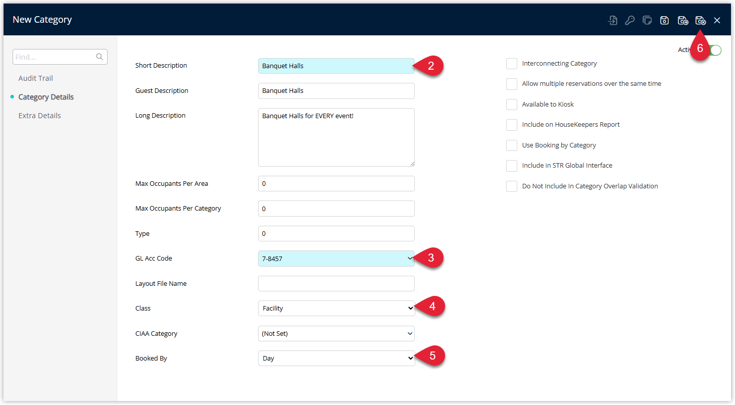 RMS Category setup window showing a new category with a unique Category Description entered, a General Ledger Account Code selected, Category Classification set to Facility, Booked By set to Day, and the Save/Exit button clicked to save the Facility Category.