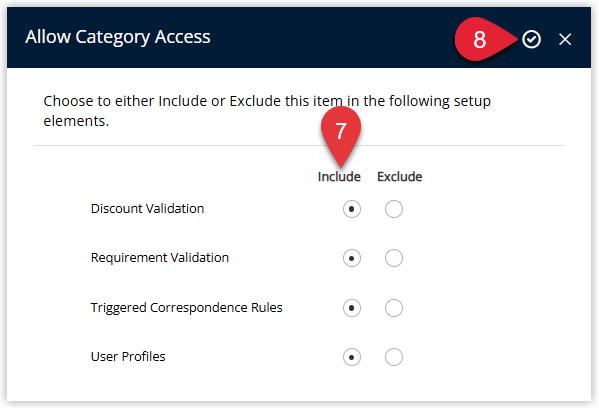 RMS Category Access configuration screen displaying a list of users or security profiles with access options for the new Facility Category, and the Apply and Exit button selected to confirm access settings.