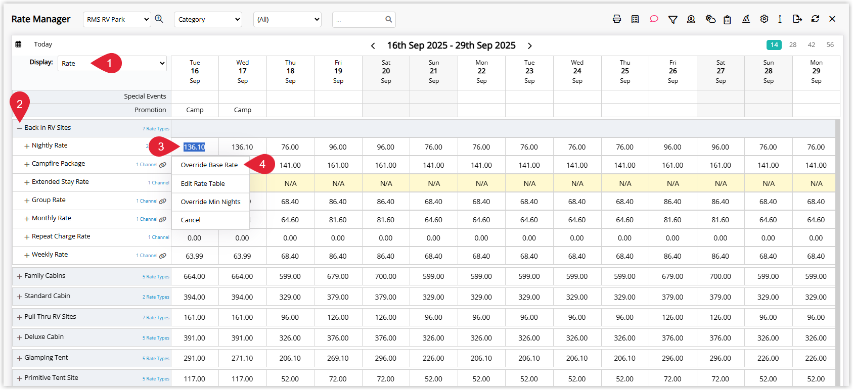 Screenshot of the Rate Manager chart in RMS showing a right-click menu with the Override Base Rate option selected for a specific date and rate type.