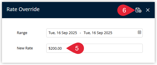 Screenshot of the New Rate override dialog in RMS showing fields to enter the overridden nightly rate and apply it to selected dates on the Rate Manager chart.