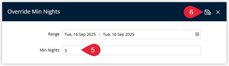 Screenshot of the Minimum Nights override dialog in RMS showing a field to enter the new minimum night stay requirement and apply it to selected dates on the Rate Manager chart.