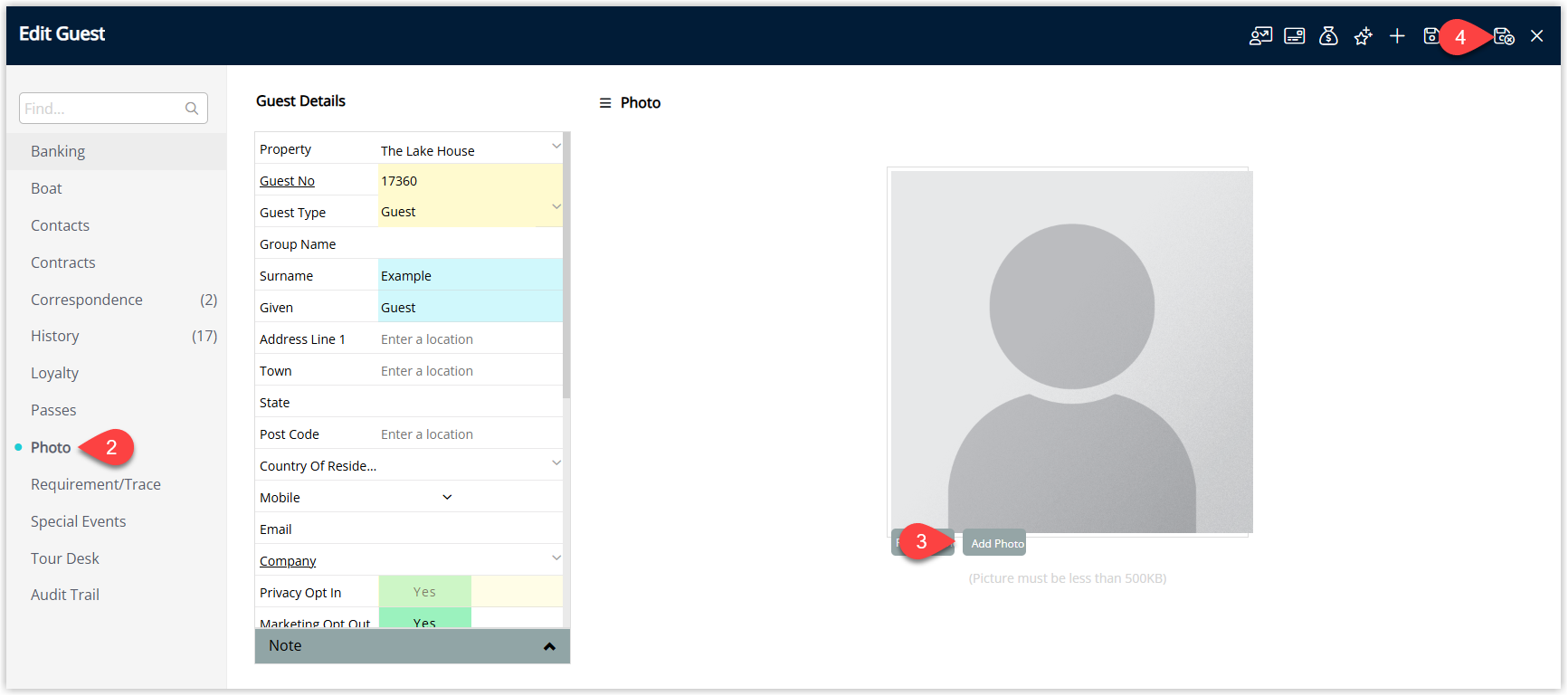 Screenshot of the Guest Profile in RMS with the Photo tab selected, showing the Add Photo button, a selected image preview and the Save/Exit button highlighted to save the identification photo on the guest record.