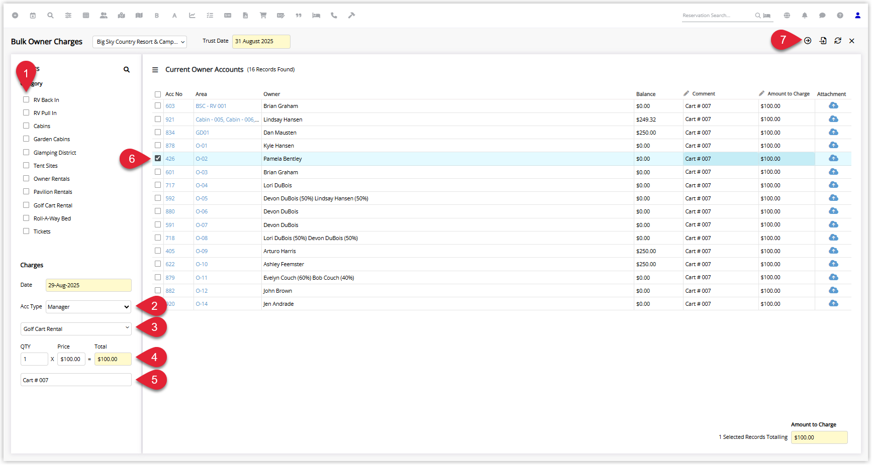 RMS Bulk Owner Charges screen showing Category selected, Account Type set with an optional Third Party, a Sundry Charge chosen, Quantity and Unit Price entered, a Comment filled in, and multiple Owner Account checkboxes ticked, with the Process button highlighted to apply the charges.