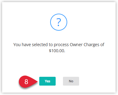 RMS confirmation pop-up for Bulk Owner Charges asking to confirm processing the selected charges for the chosen owners, with the Yes button highlighted to proceed.