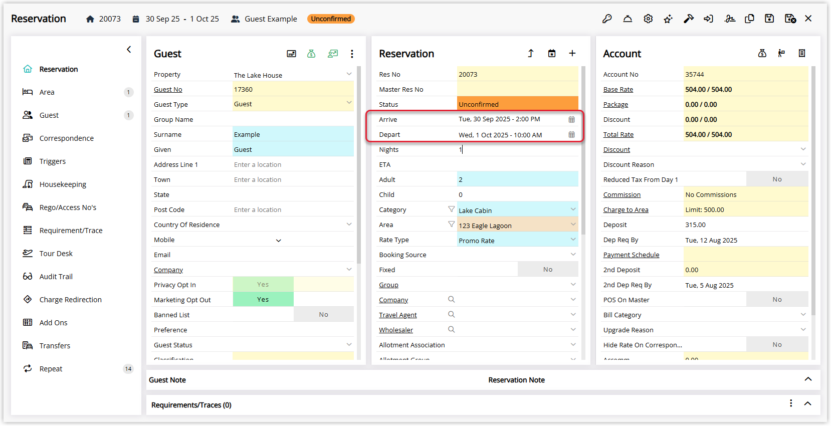 Screenshot of the Reservation screen in RMS showing the Guest, Reservation, and Account panels with the arrive and depart times applied