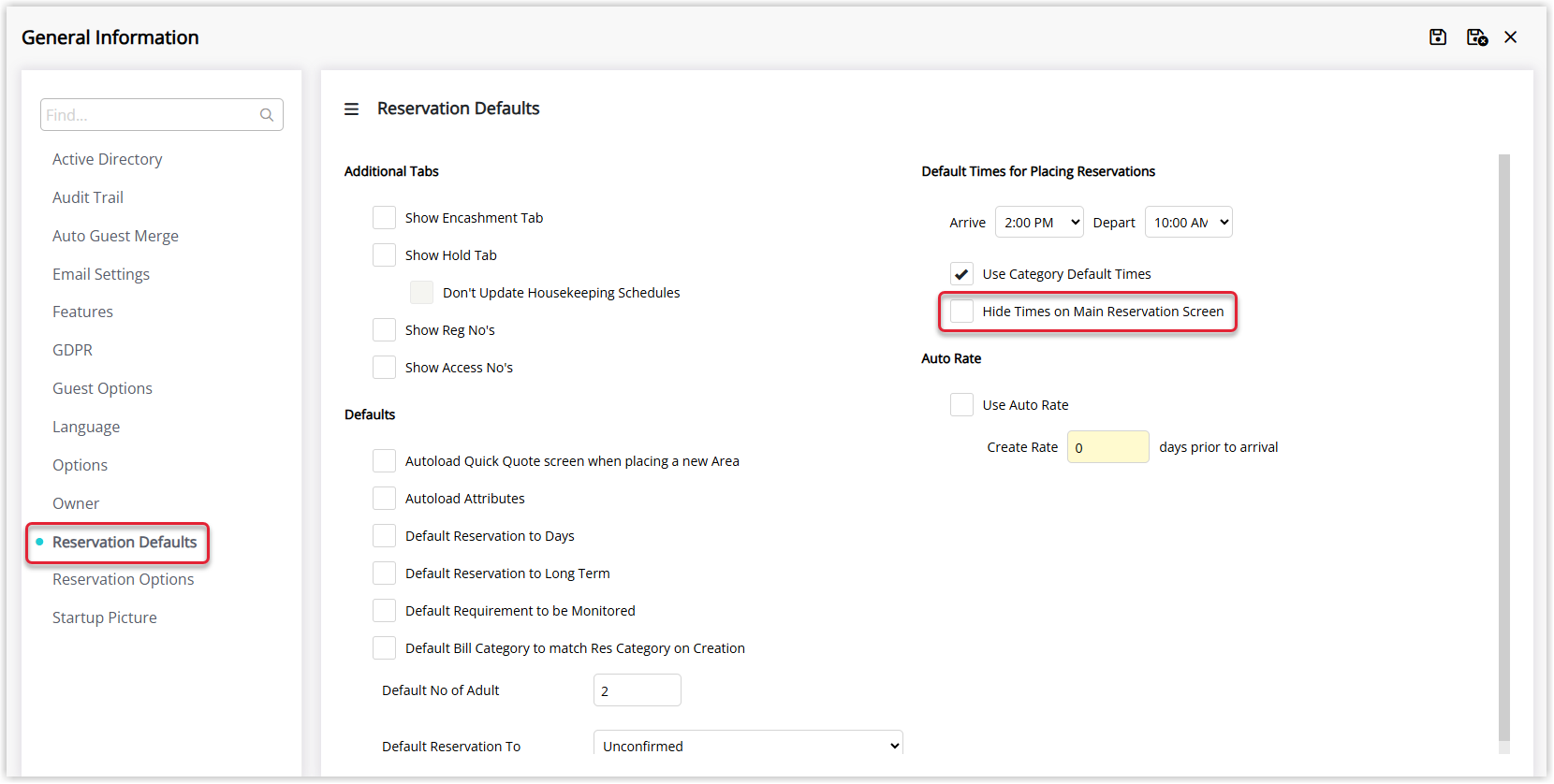 Annotated screenshot of the General Information Reservation Defaults screen in RMS with the Hide Times on Main Reservation Screen option highlighted