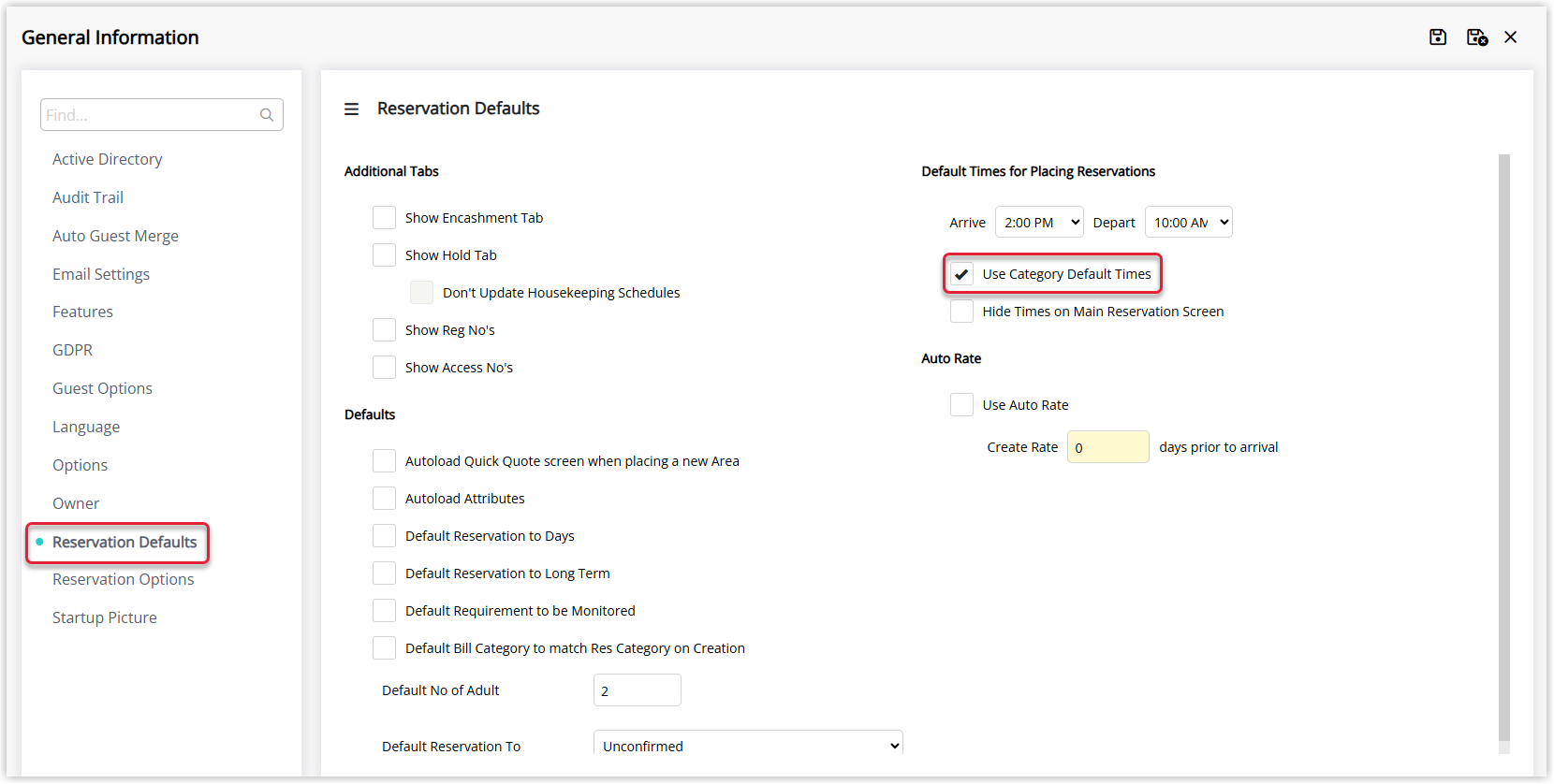 Annotated screenshot of the General Information Reservation Defaults screen in RMS with the Use Category Default Times option highlighted