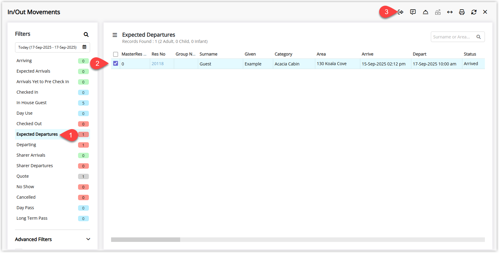 Annotated screenshot of the In/Out Movements screen in RMS showing Expected Departures with a reservation selected and the check-out icon highlighted