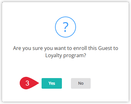 RMS confirmation dialog prompting “Enroll this guest in Guest Rewards?” with Yes and No options, and Yes selected to confirm Guest Rewards enrollment.