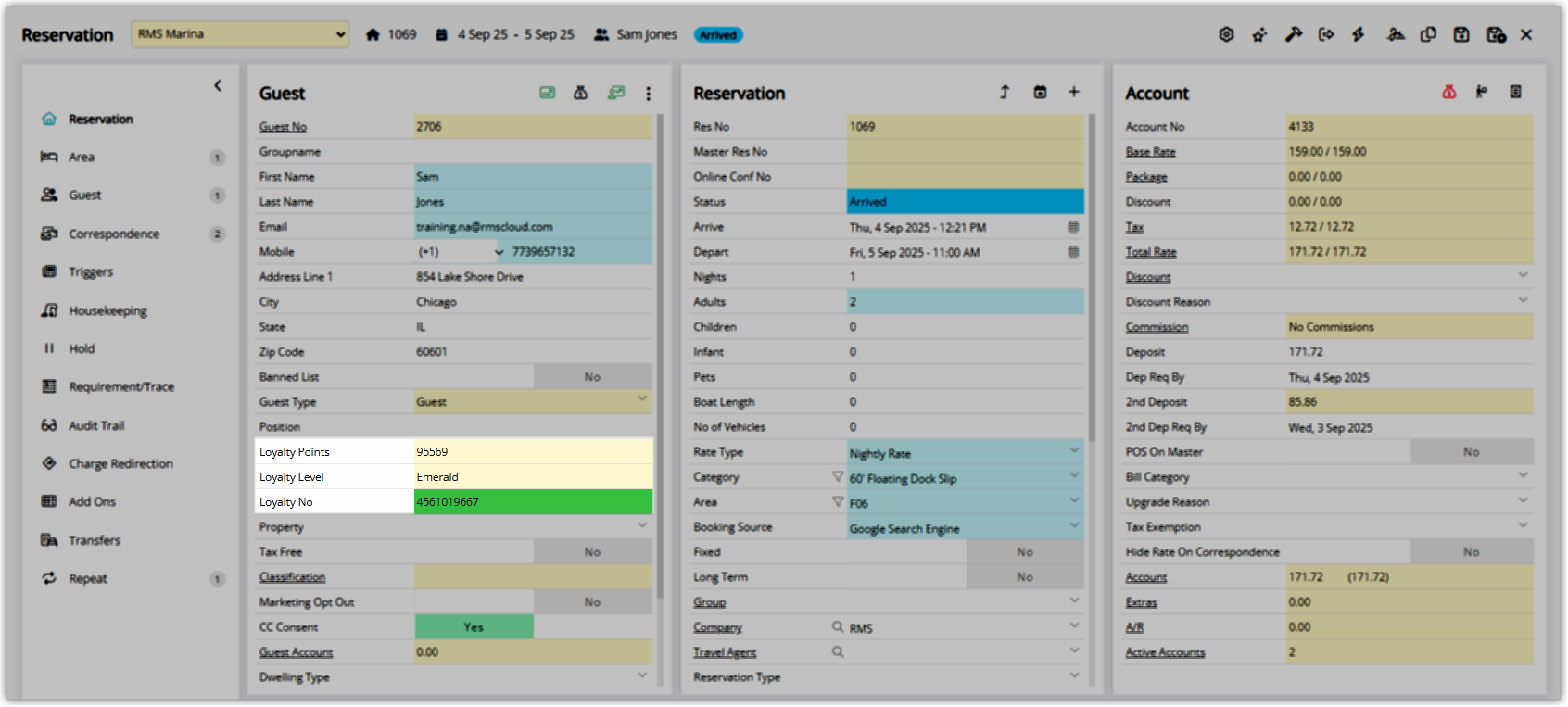 RMS Guest Profile with Loyalty fields visible, displaying Current Loyalty Level, Points Balance, and Loyalty Number, as enabled via Field Maintenance.