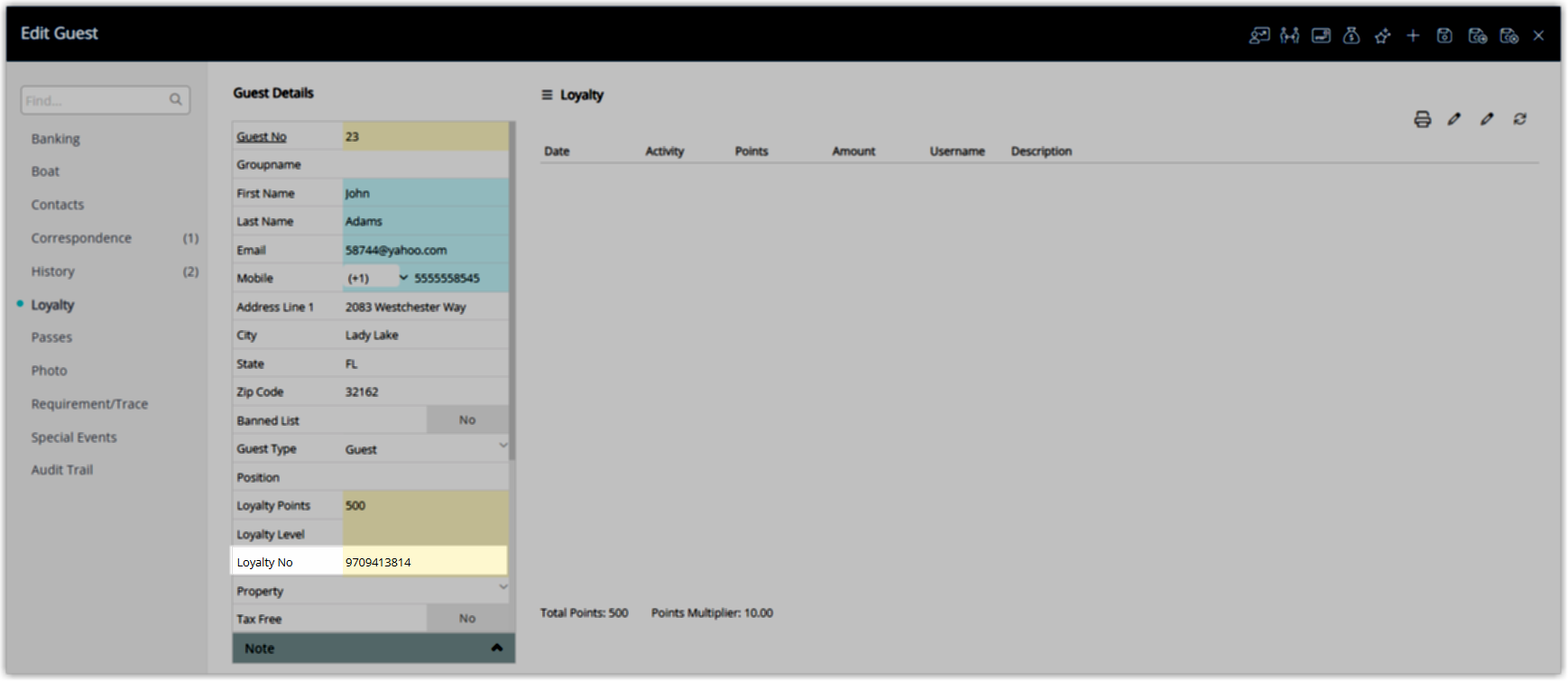 RMS Guest Profile Loyalty tab showing an assigned Loyalty Number and an initial Points Balance, indicating that the guest is now enrolled and ready to earn reward points on eligible spend.