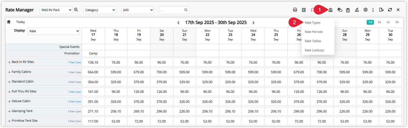 Annotated screenshot of the Rate Manager screen in RMS highlighting the settings icon and the Rate Types menu option