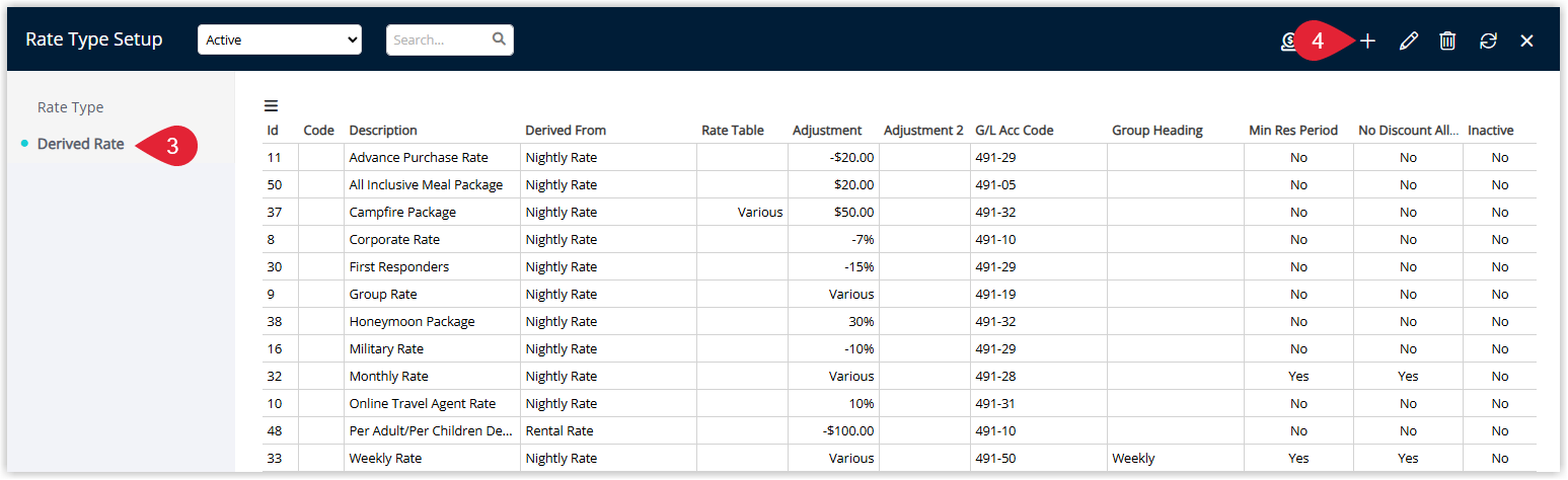 Annotated screenshot of the Rate Type Setup screen in RMS highlighting the Derived Rate section and the toolbar