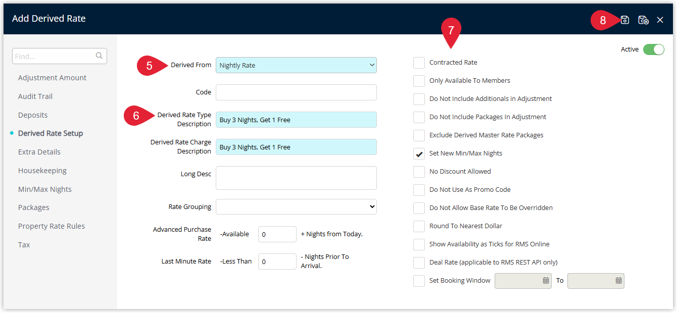 Annotated screenshot of the Add Derived Rate screen in RMS highlighting the Derived From, Derived Rate Type Description and option fields