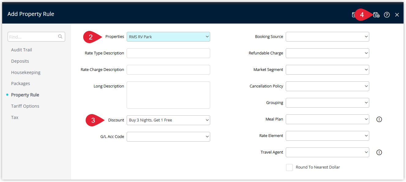 Annotated screenshot of the Add Property Rule screen in RMS highlighting the Properties, Discount and save icon fields