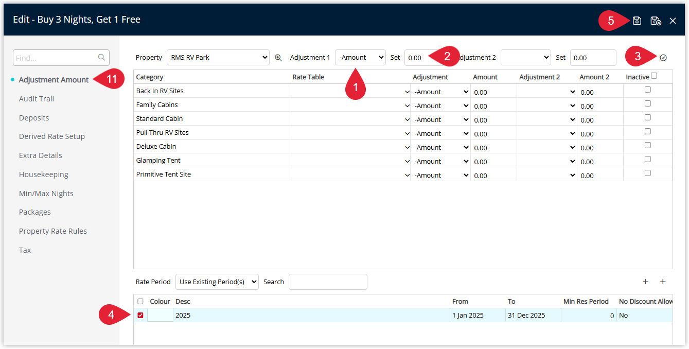 Annotated screenshot of the Derived Rate Adjustment Amount tab in RMS highlighting the Category, Rate Table, Adjustment fields and Rate Period section