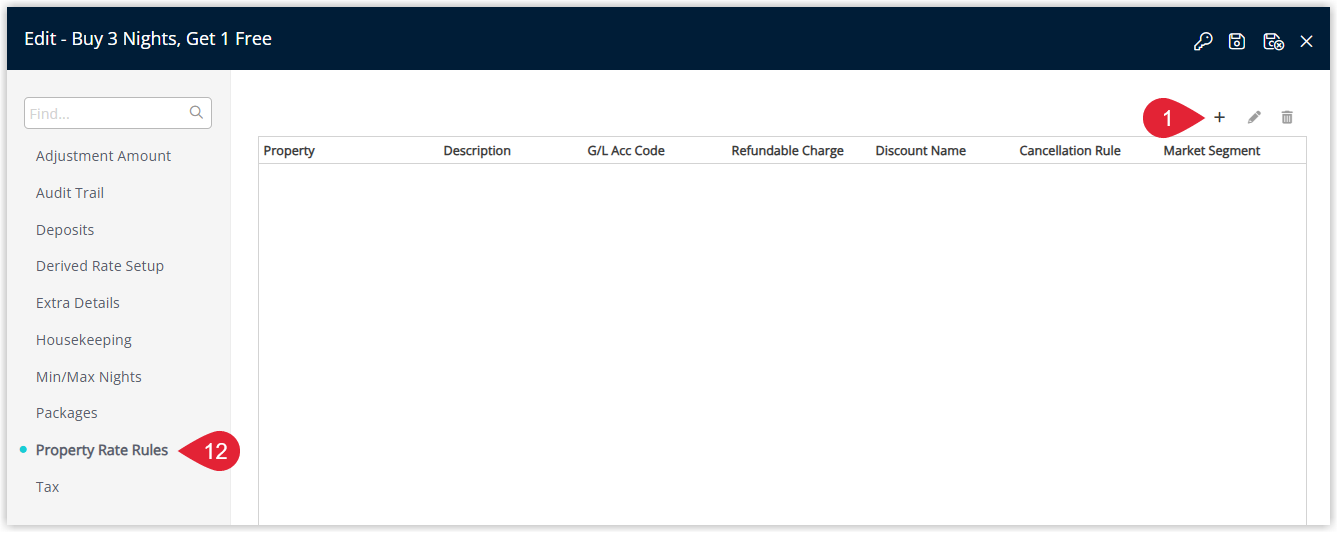 Annotated screenshot of the Derived Rate Property Rate Rules tab in RMS highlighting the add icon and the Property Rate Rules section
