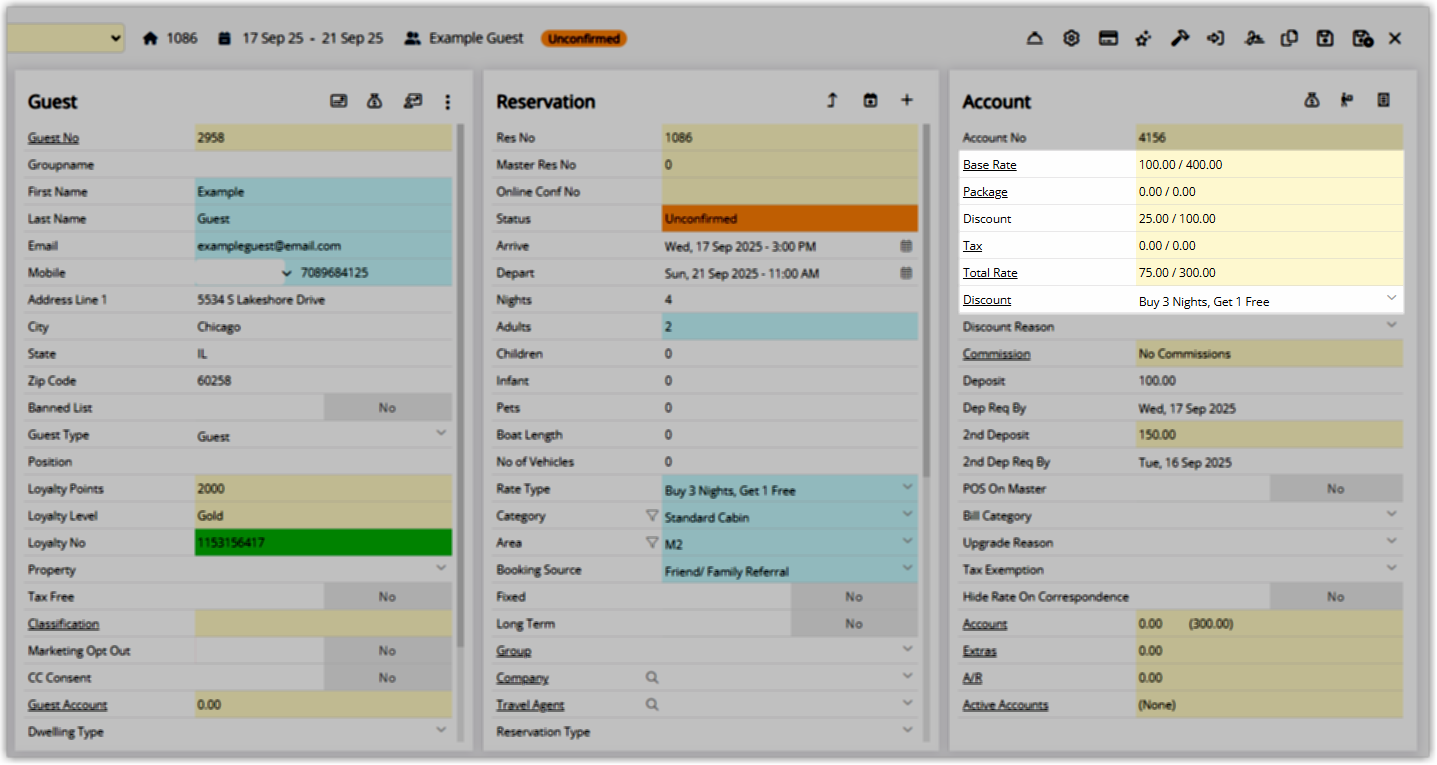 Screenshot of the reservation in RMS showing the derived rate applied with the discount reflected in the account