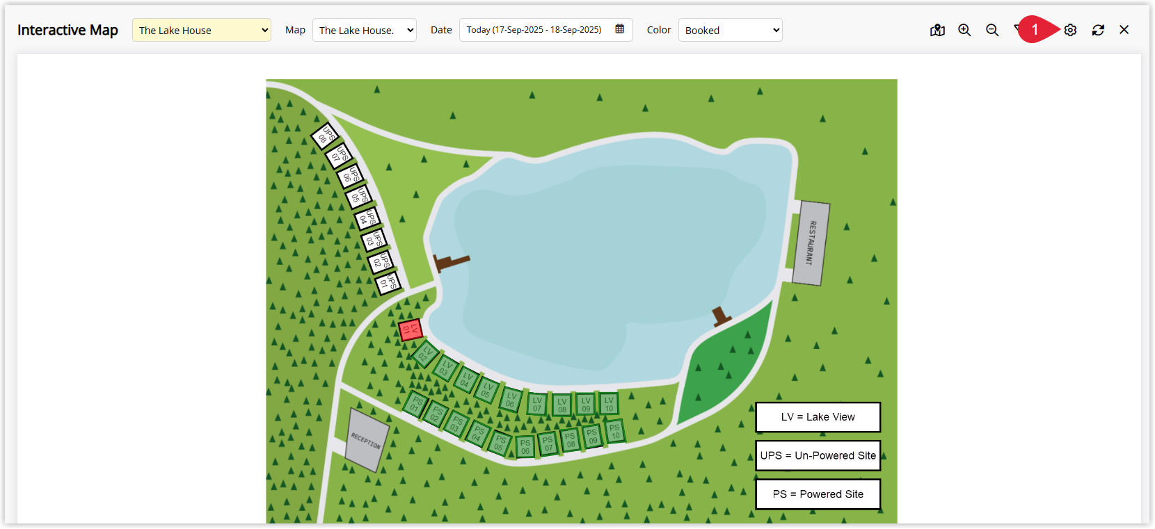 Screenshot of the Inhouse Interactive Map in RMS displaying a property map with the Options icon highlighted for accessing colour overlay settings.