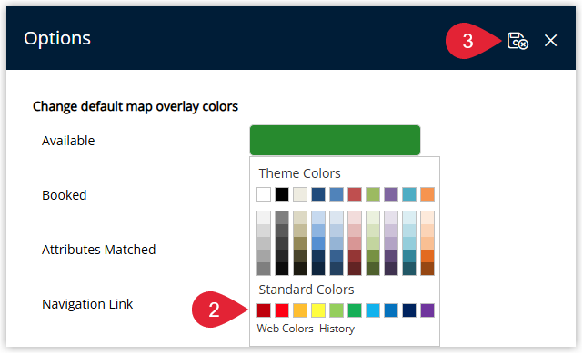 Screenshot of the Colour Overlay configuration window in RMS showing colour pickers for Booked areas, Attribute filter matches and Navigation Link, with a Save/Exit button to apply the changes.