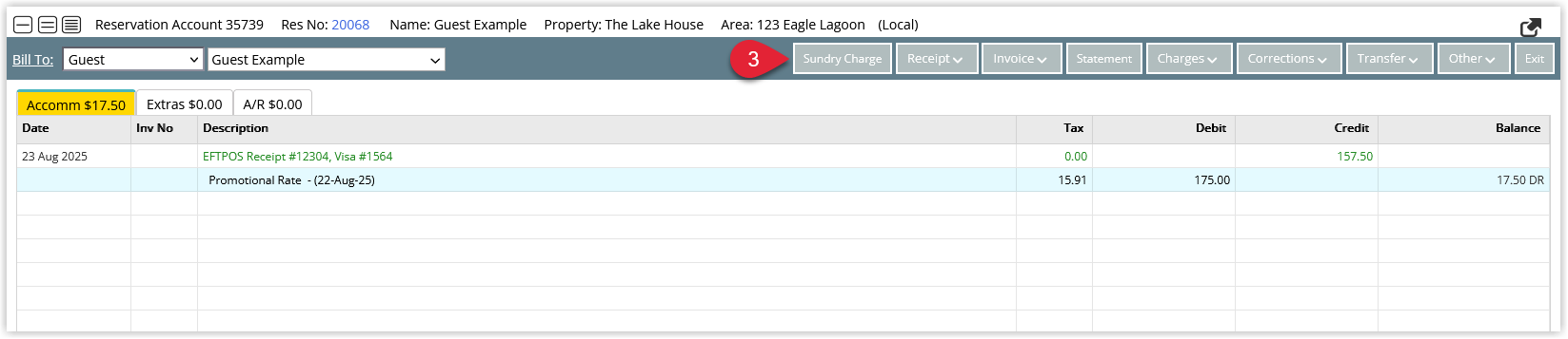 RMS Account window displaying the list of transactions with the Sundry Charge button highlighted to add a new sundry or Assigned Credit Note to the account.