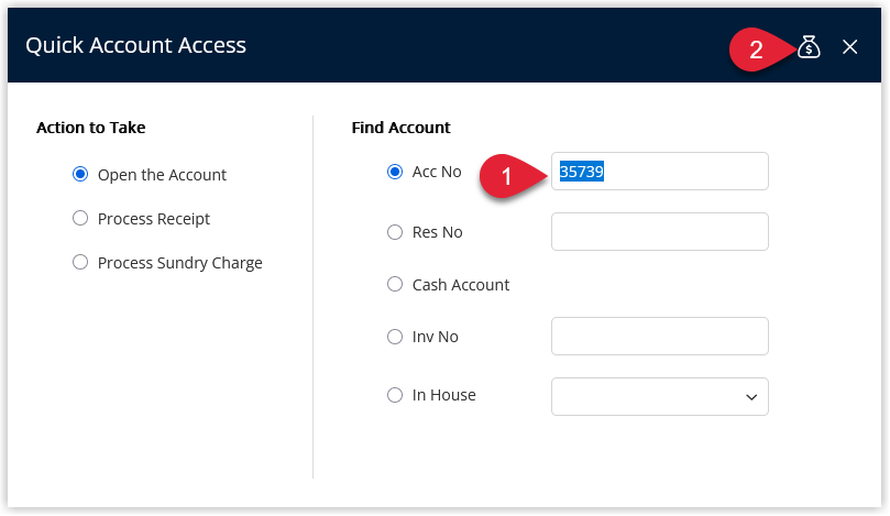 RMS Quick Account Access screen showing an account number entered, the Go to Account icon selected, and the target account about to open for applying an Assigned Credit Note.
