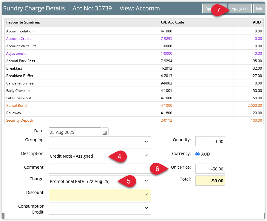 RMS Sundry Charge entry screen showing an Assigned Credit Note selected from the Sundry list, the Target Charge chosen, and a negative value entered in the Unit Price field, with the Apply/Exit button clicked to post the credit and release any allocated receipt funds for refund.