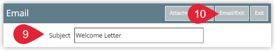 Annotated screenshot of the Email screen in RMS highlighting the Subject field populated with the letter name and the Email/Exit button