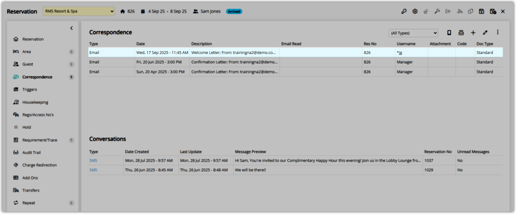 Screenshot of the Reservation Correspondence panel in RMS showing sent emails for a reservation alongside the Conversations panel with SMS messages