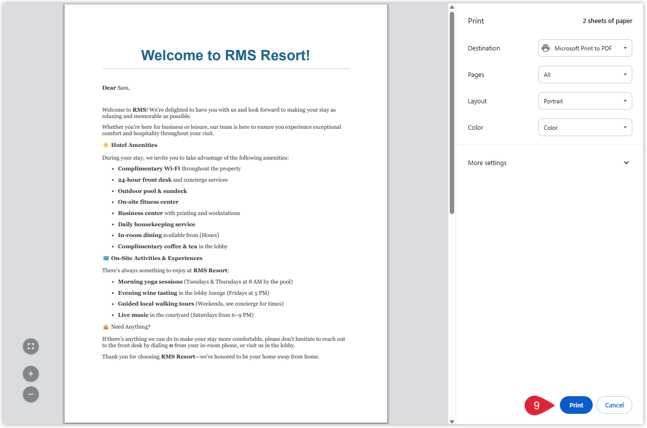 Annotated screenshot of the print preview dialog in RMS for the Welcome Letter highlighting the Print button