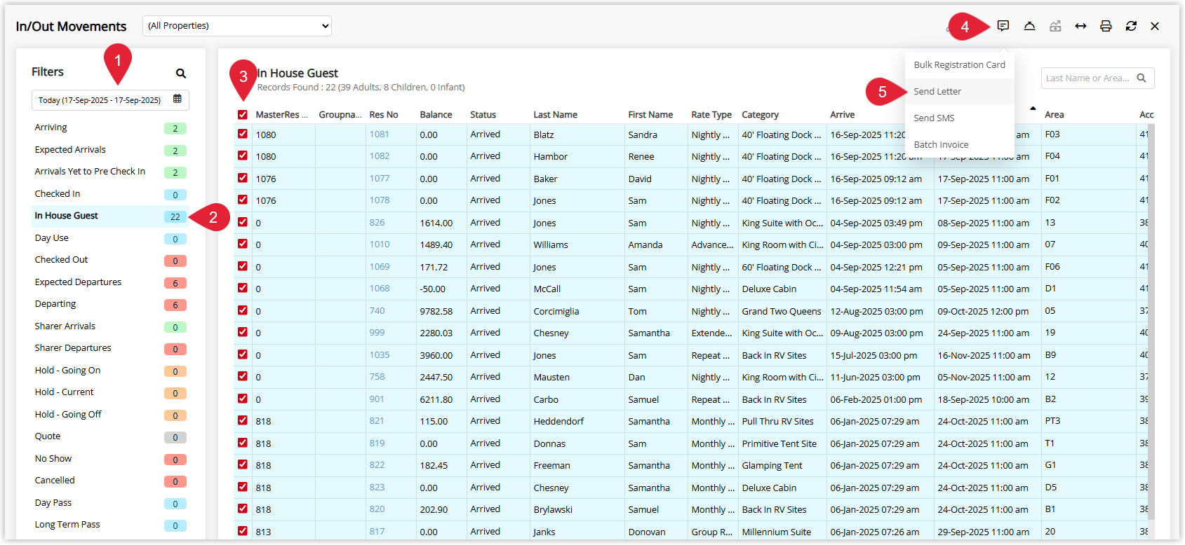 Annotated screenshot of the In/Out Movements screen in RMS highlighting the Filters panel, the In House Guest category, and the Send Letter option in the action menu