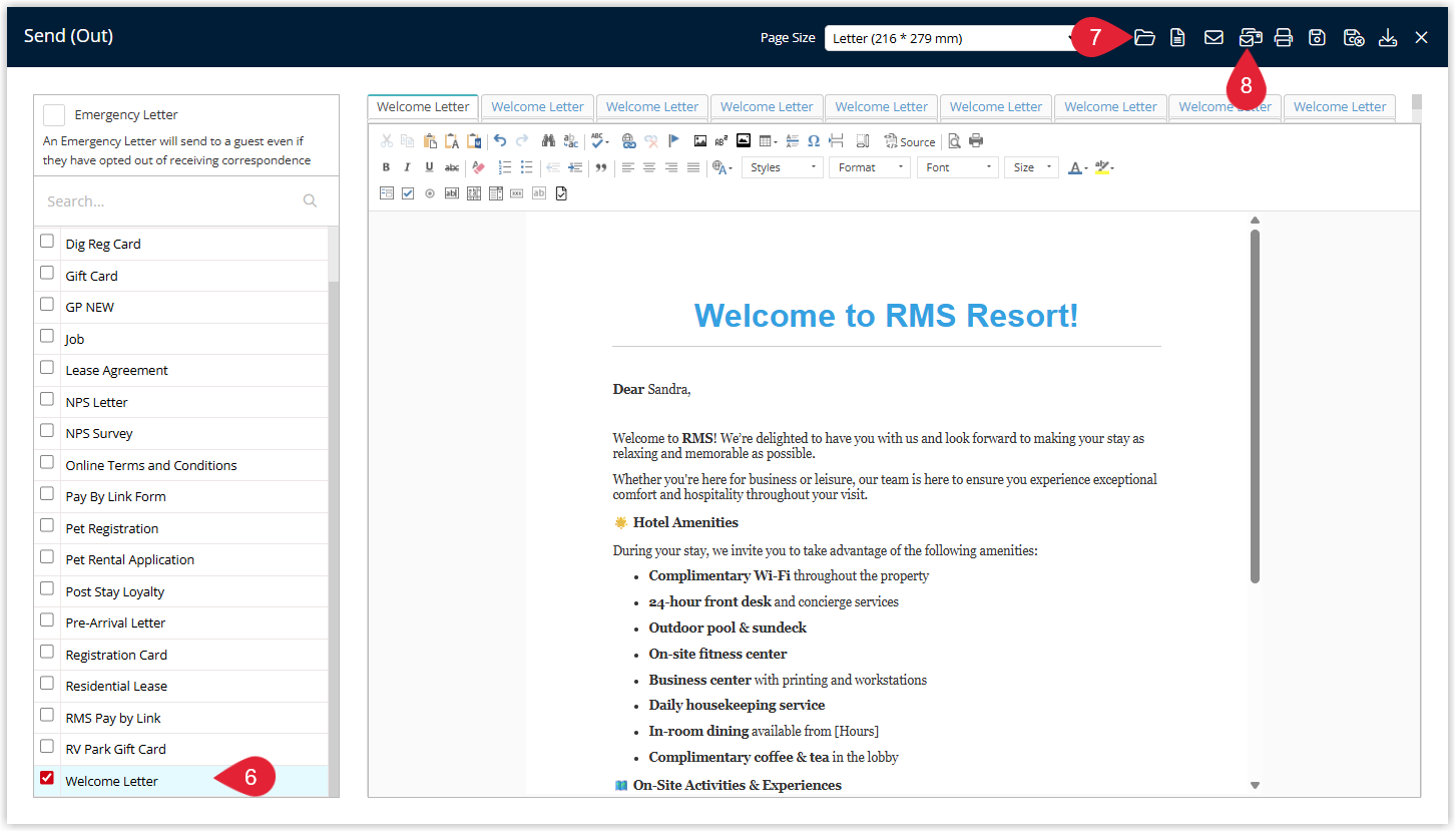 Annotated screenshot of the Send (Out) letter screen in RMS highlighting the Welcome Letter selected in the template list, the open folder icon, and the email icon for sending the letter