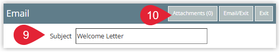 Annotated screenshot of the Email screen in RMS highlighting the Subject field and the Attachments button