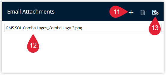 Annotated screenshot of the Email Attachments dialog in RMS highlighting the Add icon, the attached file name, and the Save and Exit icon