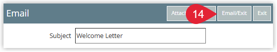 Annotated screenshot of the Email screen in RMS highlighting the Email/Exit button to send the letter with its attachment