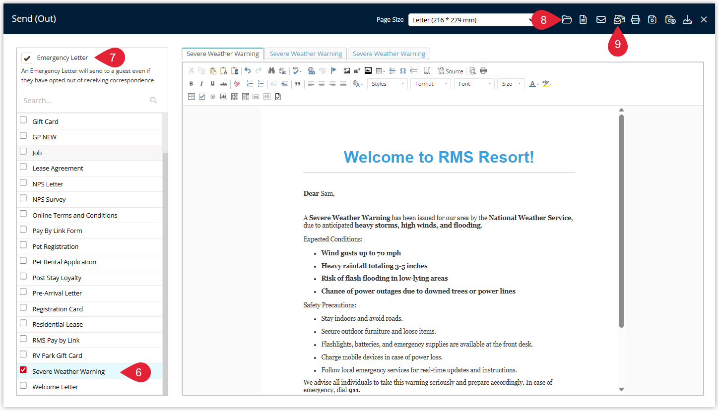 Annotated screenshot of the Send (Out) letter screen in RMS highlighting the Severe Weather Warning template selected, the Emergency Letter checkbox enabled, the open folder icon, and the email icon