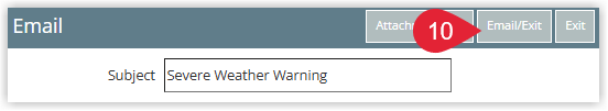 Annotated screenshot of the Email screen in RMS highlighting the Subject field populated with Severe Weather Warning and the Email/Exit button