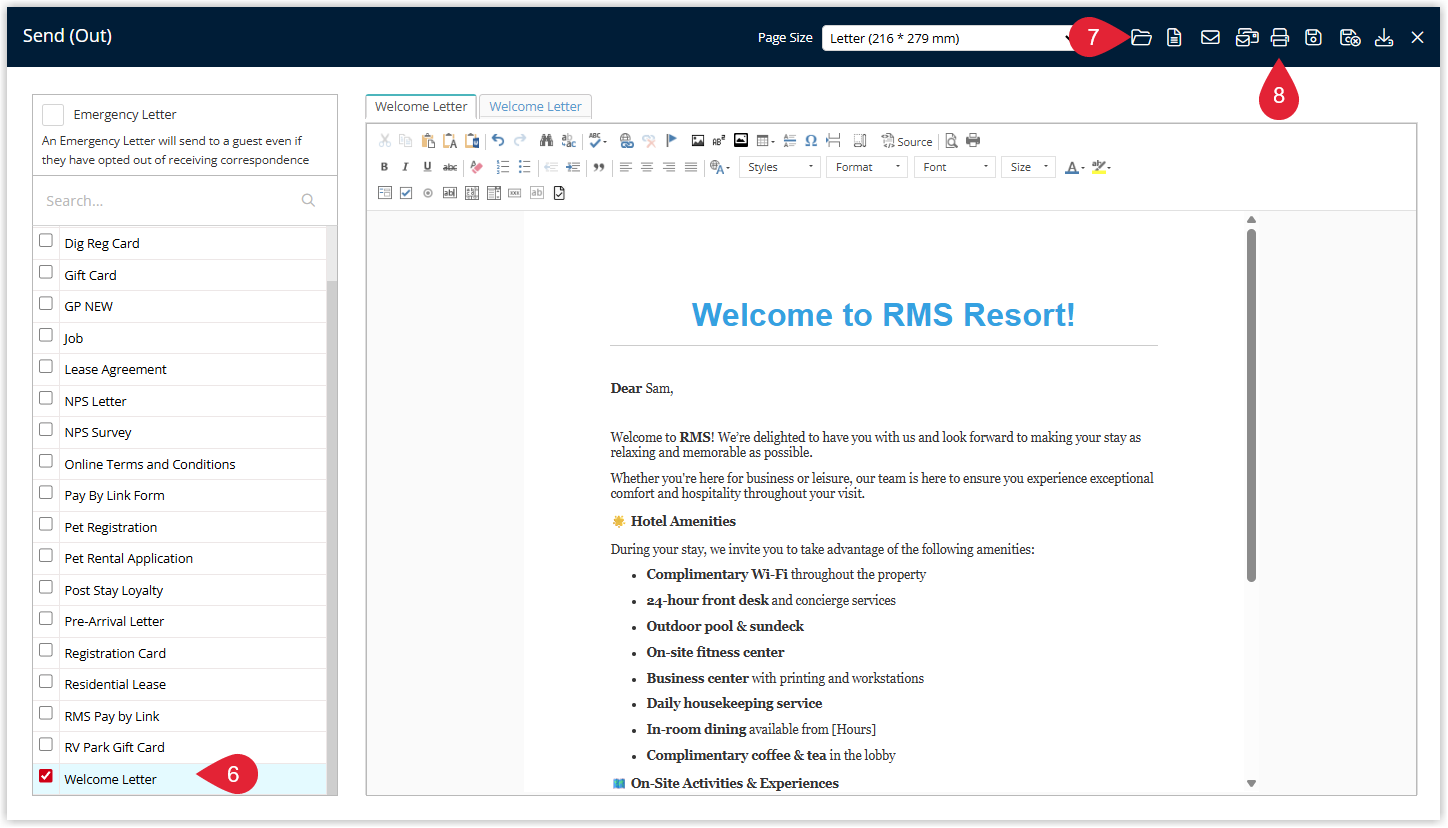 Annotated screenshot of the Send (Out) letter screen in RMS highlighting the Welcome Letter selected, the open folder icon, and the print icon