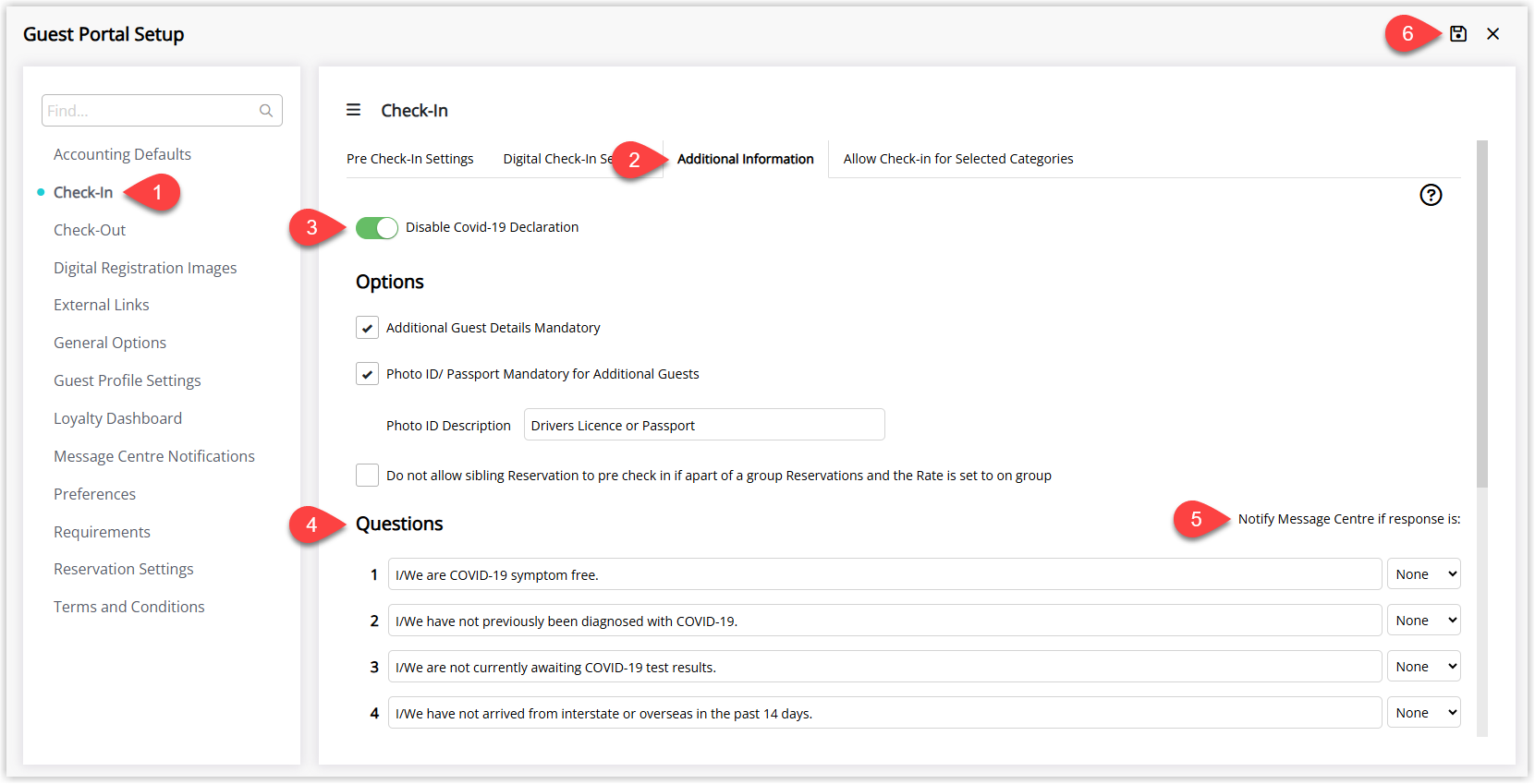 RMS Guest Portal setup screen on the Check-in > Additional Information tab, showing the Questions toggle turned on, multiple Declaration Questions entered in the list, checkboxes or options selected to trigger Message Centre alerts for specific responses, and the Save button highlighted to apply the Guest Declaration settings in the Guest Portal.