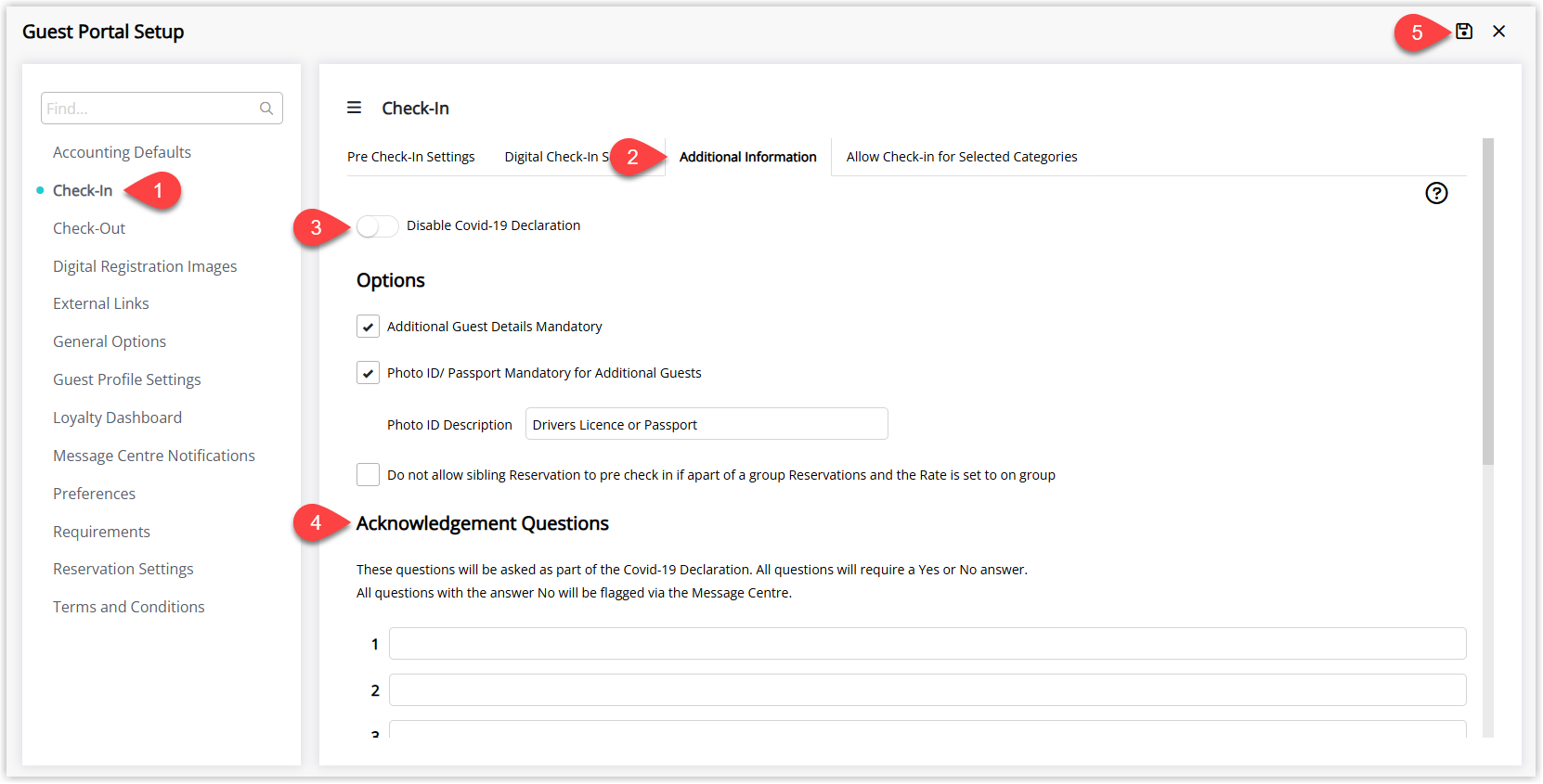 RMS Guest Portal setup screen on the Check-in > Additional Information tab with the Questions toggle switched off and all Declaration Questions removed or blank, and the Save button highlighted to disable the Guest Declaration step from the Guest Portal pre check-in process.