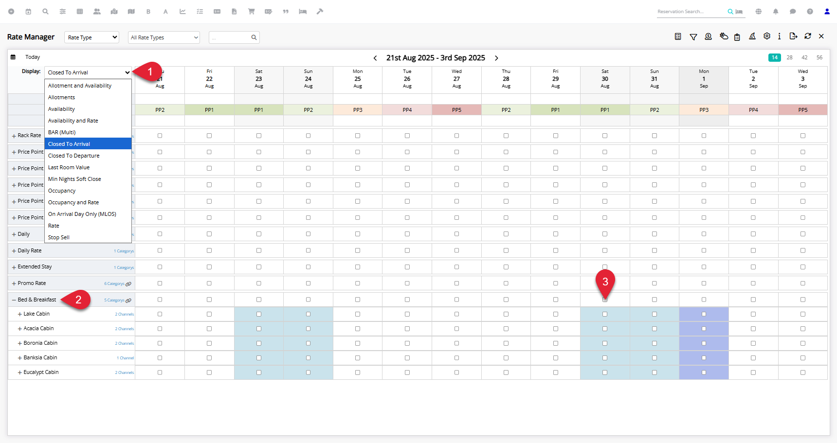 RMS Rate Manager chart displaying dates along the top and Categories or Rate Types expanded in the rows, with a specific Restriction selected from the Display menu and checkboxes ticked or cleared on the required dates to add or remove that restriction.